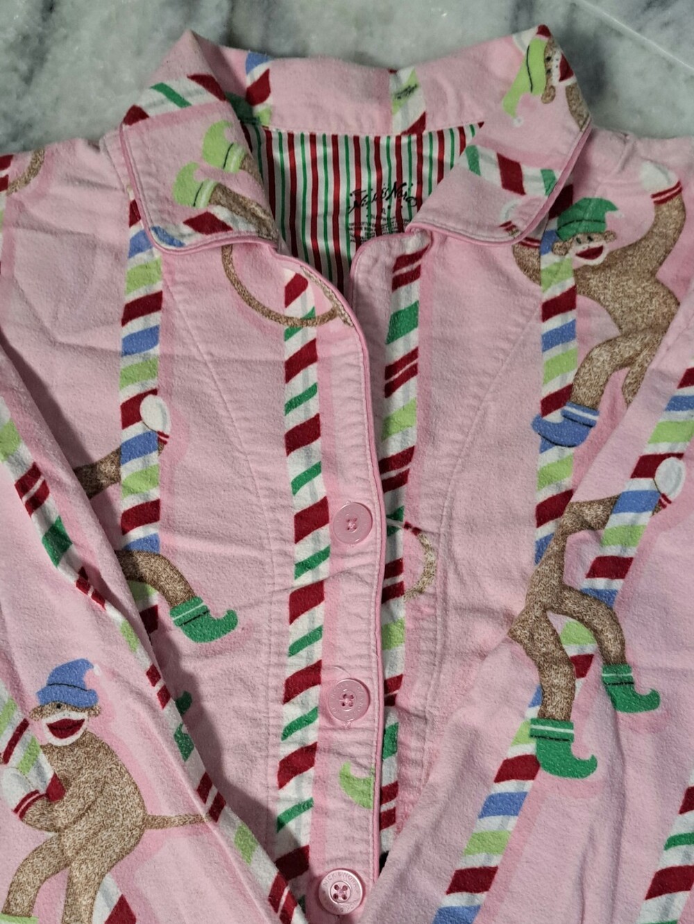 Nick & Nora Pink Sock Monkeys Climbing Peppermint Striped Poles Flannel Pj XL